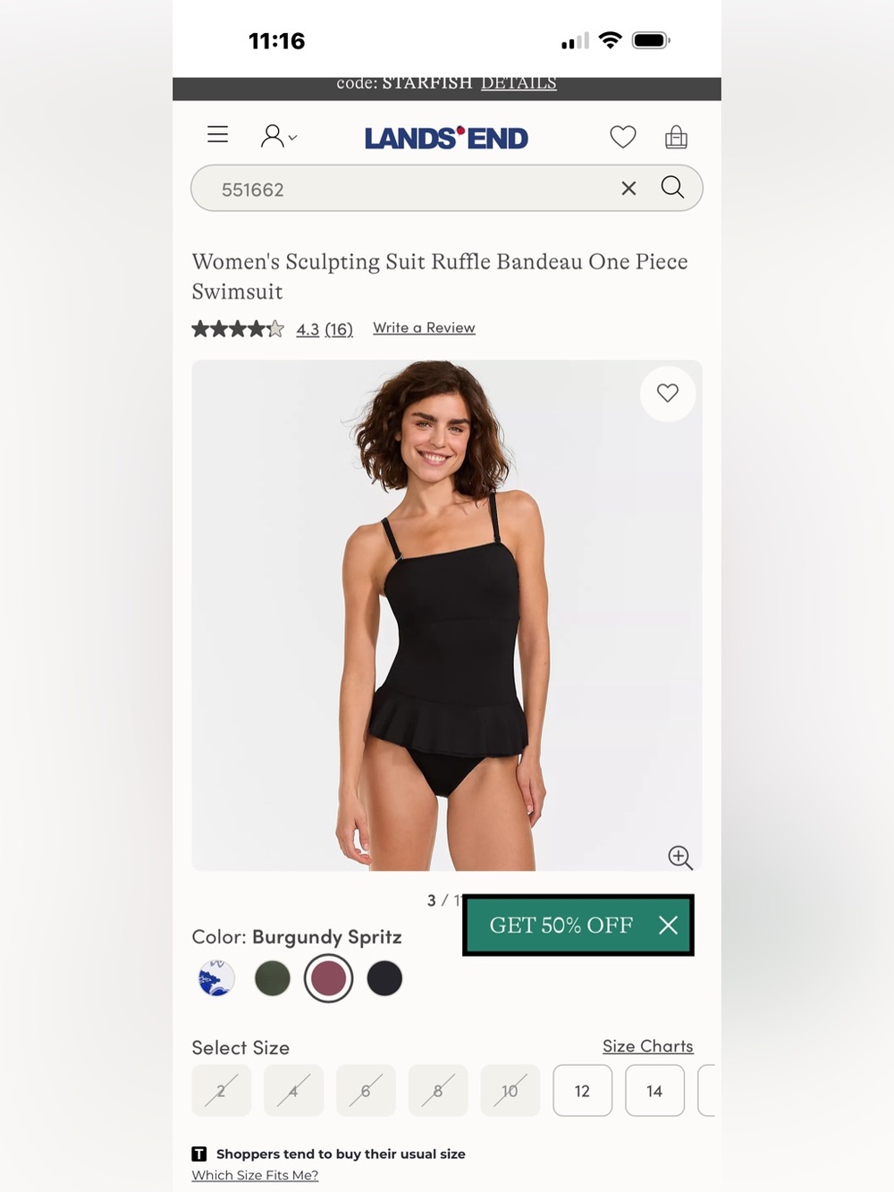 Lands End Black Bandeau Sculpting Ruffle Swimsuit, Sz. 8 and Sz. 6 avail. NWT